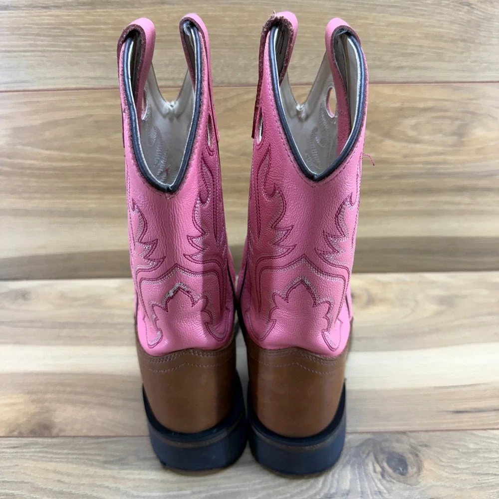 OLD WEST Cowgirl Western Boots Girls 2 Brown Pink Leather Square Toe Rodeo Ranch